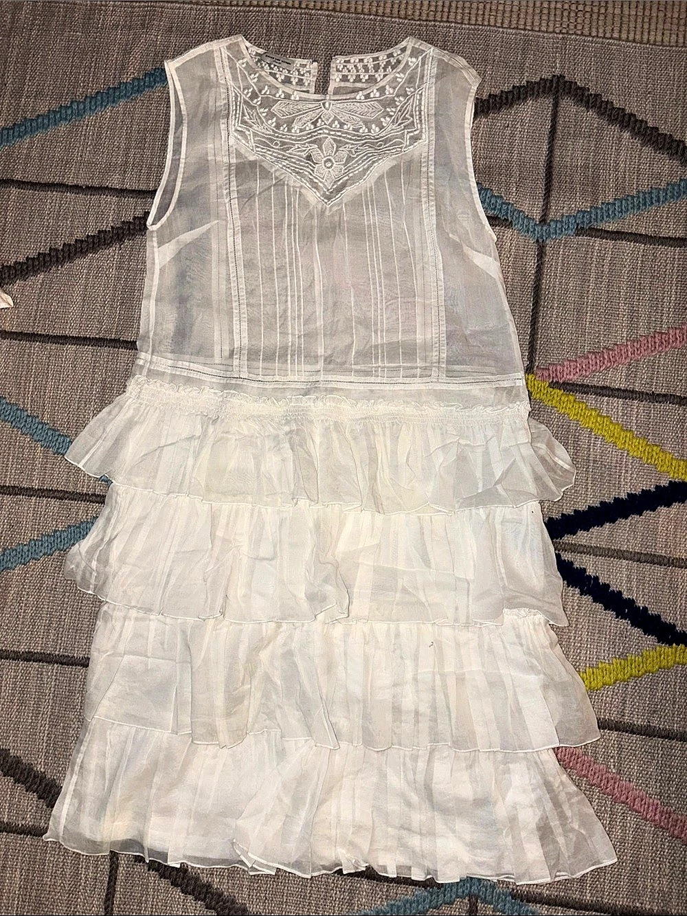 Vintage Dries Van Noten Embroidered Tiered Mini Dress in Cream